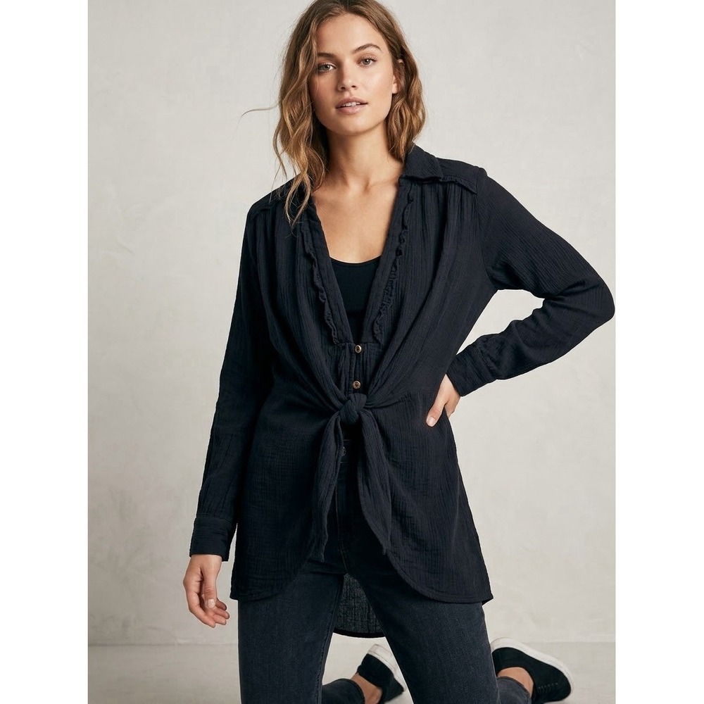 Free People Crinkled Tunic Women Black Sz M Ruched V-Neck Boho Sternum Tie